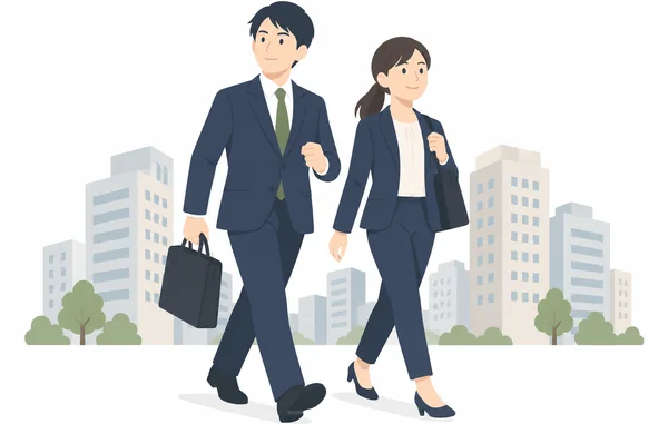 次の仕事に向けて歩き出すスーツ姿の男女
