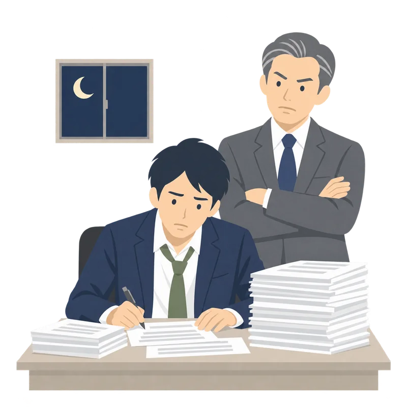 夜遅くまで書類の山に向かう社員と、その後ろで腕を組んで厳しい表情をしている社長