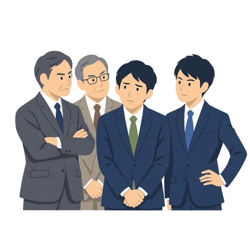 年配の役員たちと若手社員の間にはさまれて、肩身が狭そうにしている中堅社員
