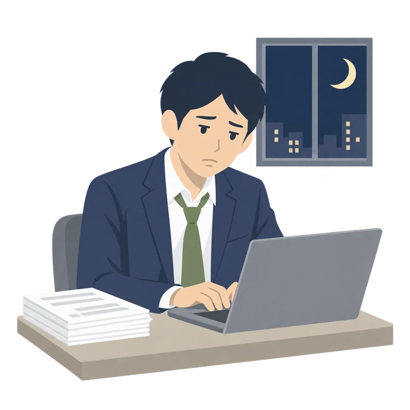 夜のオフィスで、パソコンに向かって残業を続ける疲れた男性会社員