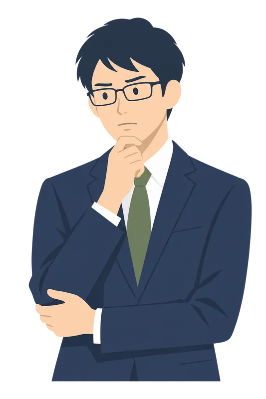 あごに手を当てて、退職すべきかどうか真剣に考え込んでいるメガネの男性会社員