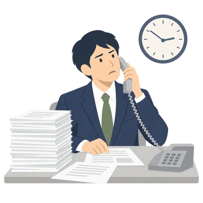 壁の時計を気にしながら、電話と書類の山に追われている忙しい男性会社員
