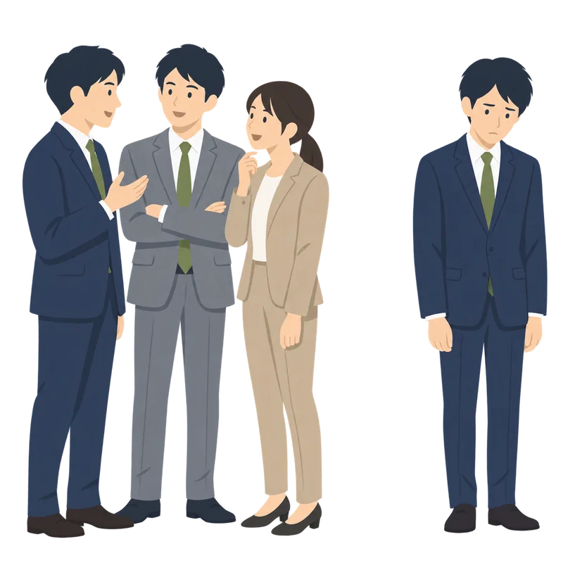 楽しそうに談笑している同僚の輪から少し離れて、ひとりで立っている社員