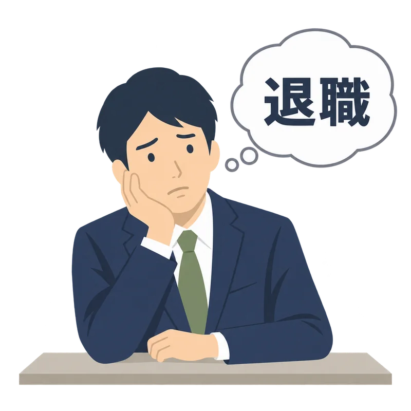 デスクで頬杖をついて考え込む男性会社員。吹き出しに「退職」の文字