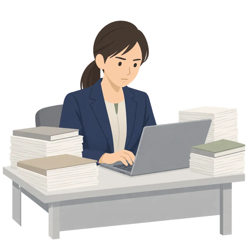 書類の山に囲まれて、パソコンで黙々と作業を続けている女性社員