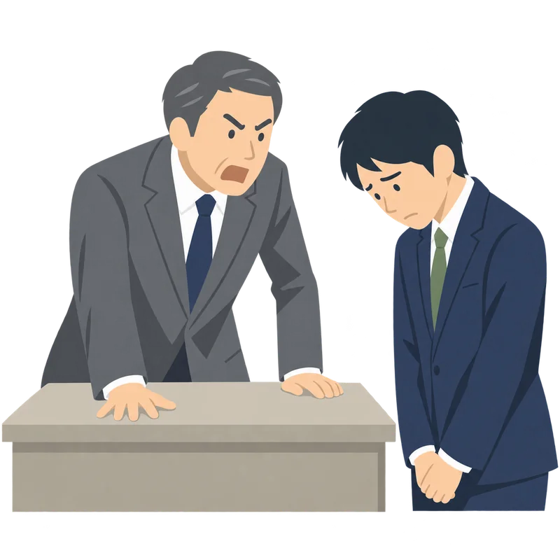 机に手をついて大声で叱りつける上司と、うつむいて縮こまる部下