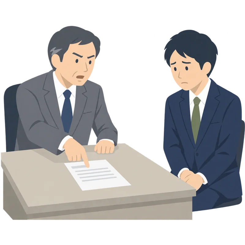 机越しに上司が書類を指さして提出を迫り、若手の社員が困った顔をしている場面