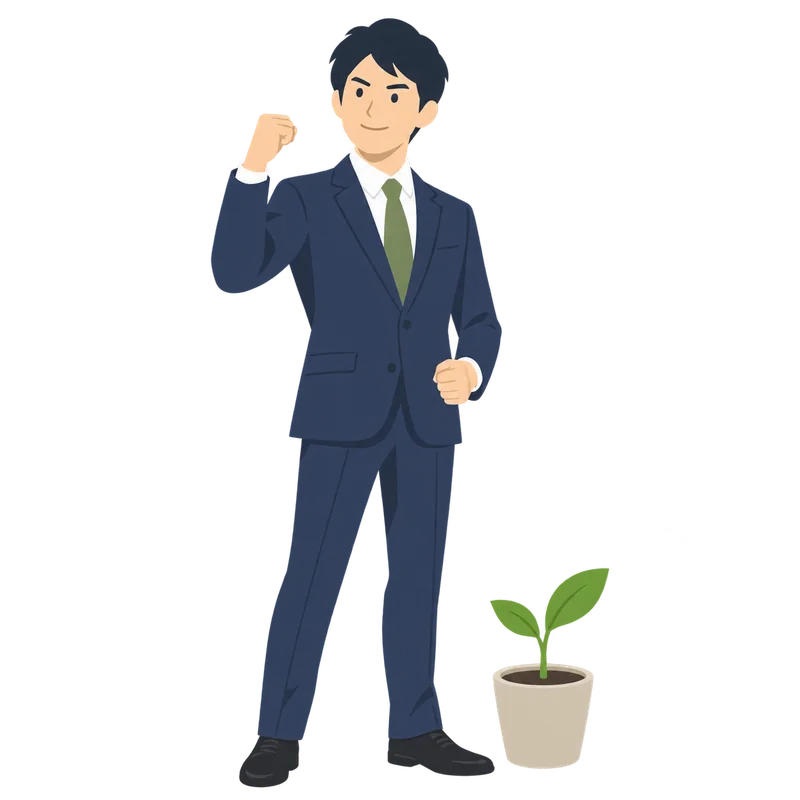 植木鉢から出た小さな芽の横で、ガッツポーズをしている会社員