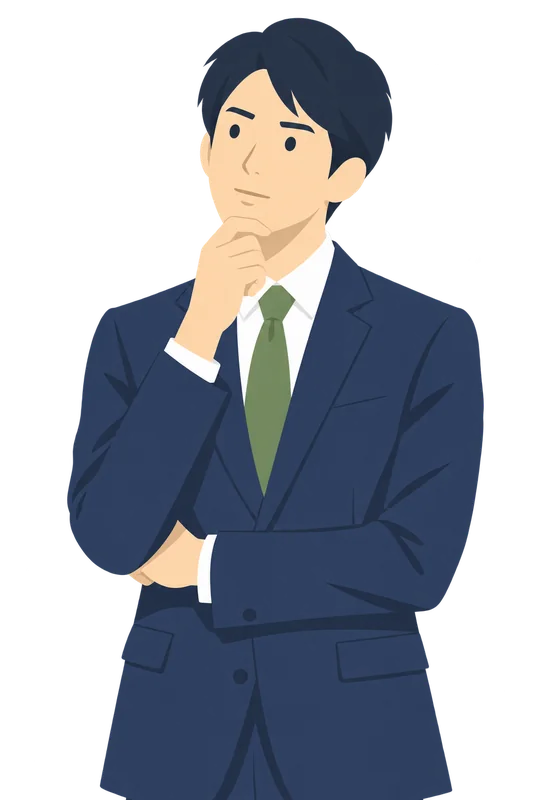 あごに手を当てて、退職の挨拶の言葉を考えている男性会社員