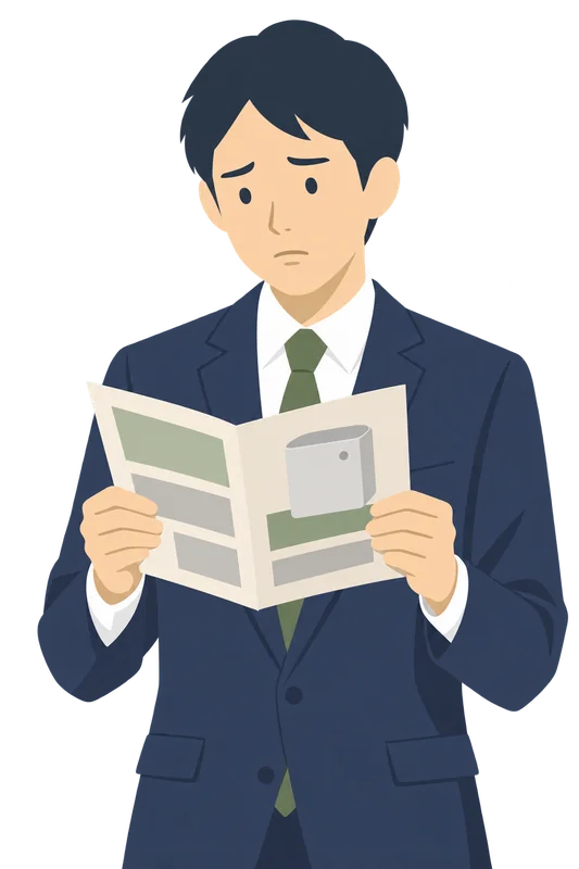 商品のパンフレットを手に持ち、自信がなさそうな表情をしている営業担当の男性