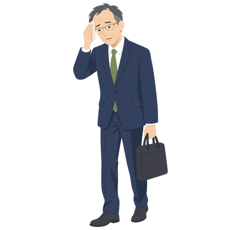 かばんを持ち、ハンカチで汗をふいている年配の男性会社員