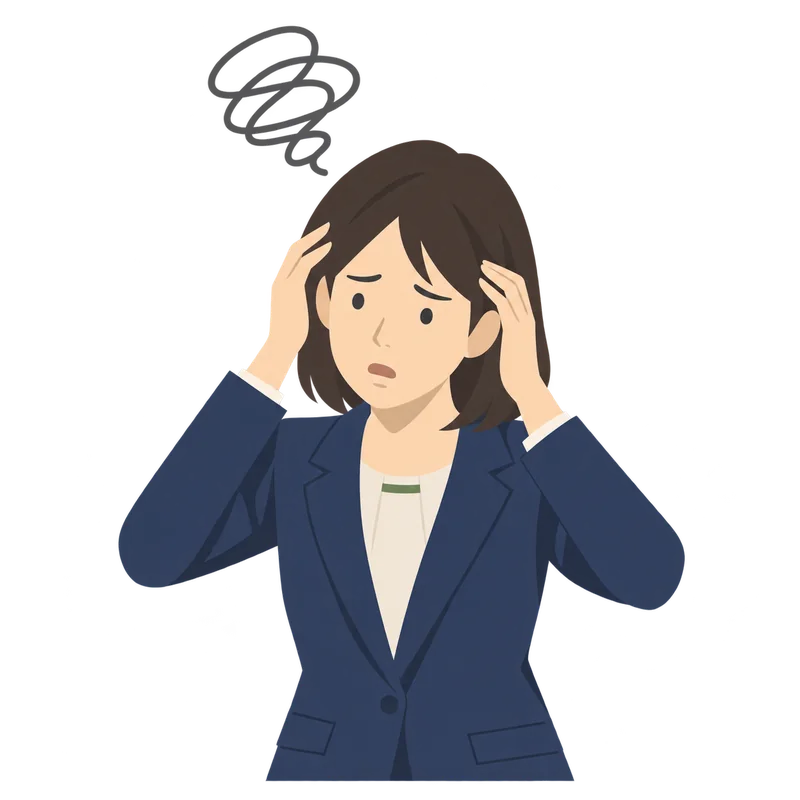 頭の上にぐるぐるの線を浮かべ、混乱して頭を抱えている女性社員