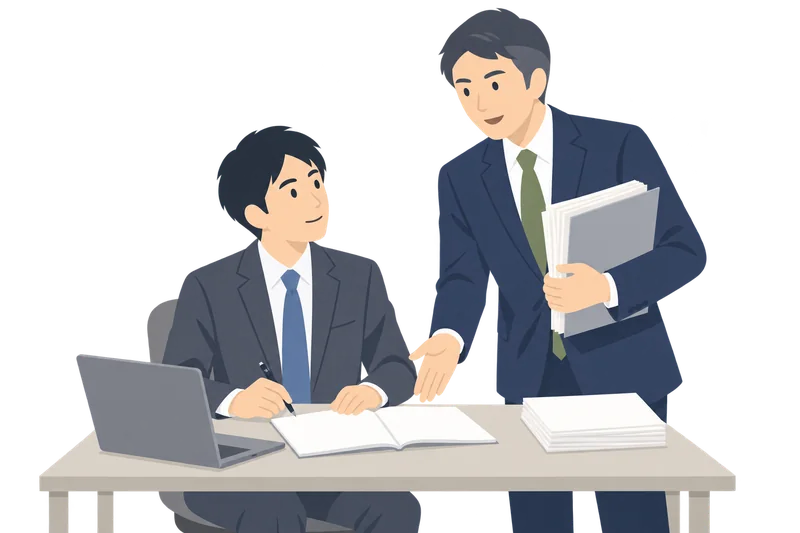 書類の束を持ってきた先輩社員が、デスクに座る後任の社員に仕事を引き継いでいる場面