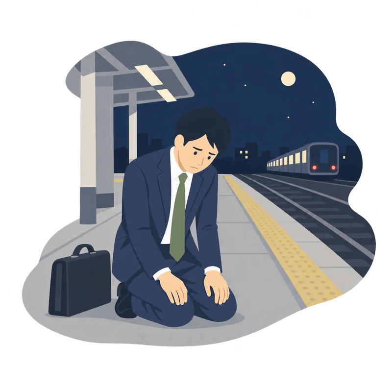 夜遅く、駅のホームで終電を逃してがっくりとひざをつく会社員