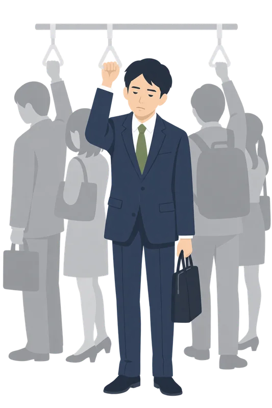 満員電車でつり革につかまり、ぐったりと疲れている男性会社員