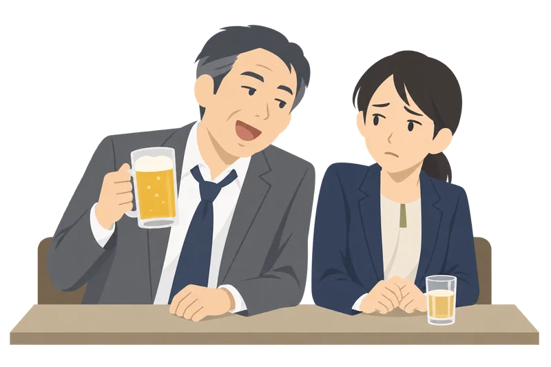 会社の飲み会の席で、酔った上司に距離を詰められ、困った表情をしている女性社員
